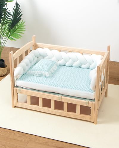 Hundebett Abnehmbar Erhöhtes Haustierbett -Holzrahmen, Einfache Montage Basic Hundeunterkunft mit Accessoires, Langlebige Winter Haustier Ruhemöbel für Katze/ Hund ( Color : 3-with Bedding , Size : M- von TUJOBA