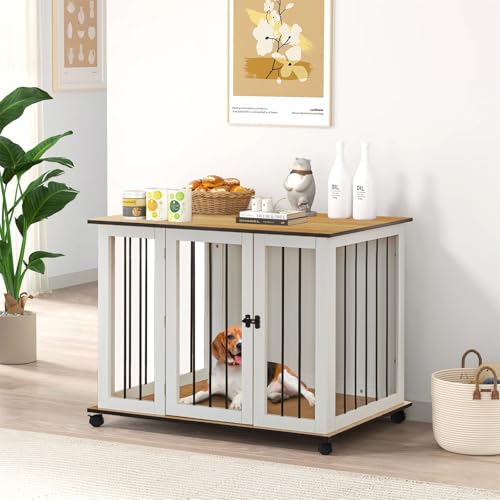 TUKAILAi Hundehütte Indoor, Möbel-Stil Hundehaus für Drinnen, Hundekäfig, Hundebox Wohnzimmer mit Sicheren Verriegelungen, Indoor-Hundegehege mit Türen, Weiß von TUKAILAI