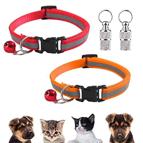 Katzenhalsband,Adressanhänger Hund Katzen,Halsband Verstellbar,Katzenhalsband Reflektierend,katzenhalsband mit Glöckchen und Sicherheitsverschluss,Haustier ID Tags (Rot, Orange) von TUKNN