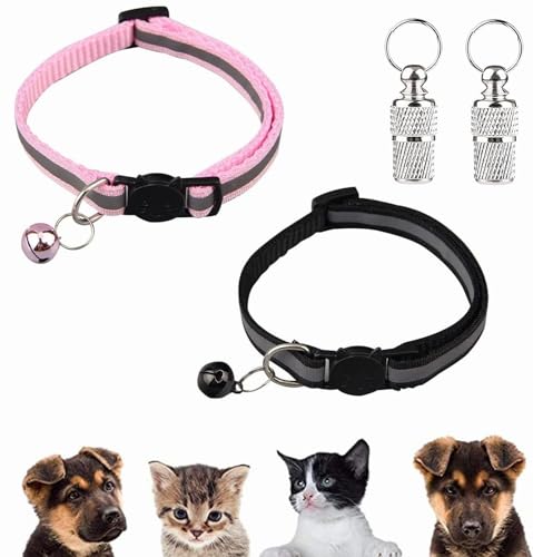 Katzenhalsband,Adressanhänger Hund Katzen,Halsband Verstellbar,Katzenhalsband Reflektierend,katzenhalsband mit Glöckchen und Sicherheitsverschluss,Haustier ID Tags (Schwarz, Rosa) von TUKNN