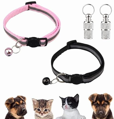 TUKNN Reflektierendes Katzenhalsband mit Glocke, Katzenhalsbänder, Schnellverschluss, reflektierende Katzenhalsbänder, Schnellverschluss, sicheres Katzenhalsband, mit Namensschild, Anti-Verlust-Etiketten, verstellbar 19,1 - 32,5 cm (schwarz + rosa) von TUKNN
