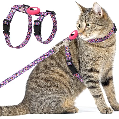 TUKOAW Katzengeschirr und Leine, ausbruchsicher, für Spaziergänge, Reisen, Outdoor, weiches Nylon, verstellbar, niedliches Katzengeschirr, Leinenset mit Airtag-Halter für kleine, mittelgroße und große von TUKOAW
