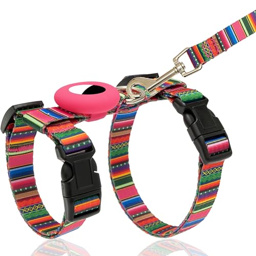 TUKOAW Katzengeschirr und Leine, ausbruchsicher, für Spaziergänge, Reisen, Outdoor, weiches Nylon, verstellbar, niedliches Katzengeschirr mit Airtag-Halter für kleine, mittelgroße und große Katzen von TUKOAW