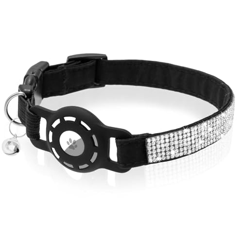 TUKOAW Katzenhalsband mit Airtag-Halter, Strasssteine, glitzernd, verstellbar, mit Glöckchen, für Mädchen, Jungen, Katzen, Kätzchen, Welpen von TUKOAW