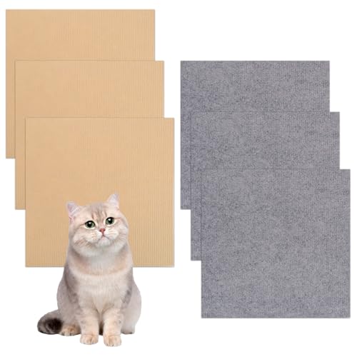 6 Stücke Selbstklebende Kratzmatte für Katzen – 30x30cm Kratzschutz für Sofa, Wand und Möbel, Anpassbarer Kratzteppich in Khaki/dunkelgrau, DIY Kratzbrett mit Anti-Kratz-Design von TULEBOLIAN