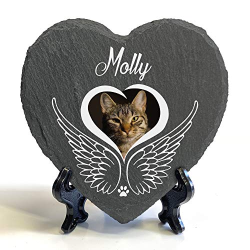 Individueller Personalisiert Groß Herzform Tiergrabstein Schiefer Gedenkstein + Ständer für Hund, Katze und andere Haustiere Tiere - Größe | 25 x 25 cm | - Engelsflügel von TULLUN