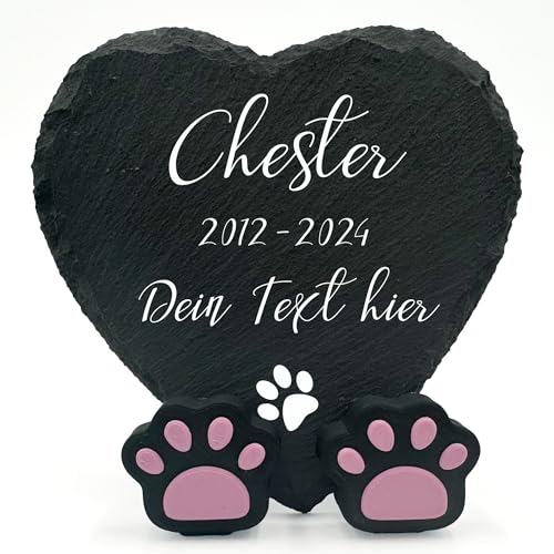 Personalisierte Gedenktafel in Herzform Pfotenständer für Haustier Katze Hund Schiefer Stein Rahmen Pelziger Freund Grabstein | 10 x 10 cm| - Benutzerdefinierter Text von TULLUN