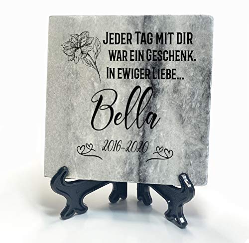 TULLUN Individueller Personalisiert Grau Natur Marmor Gedenkstein + Ständer für Hund, Katze und andere Haustiere - Größe 10 x 10 cm - Blume von TULLUN