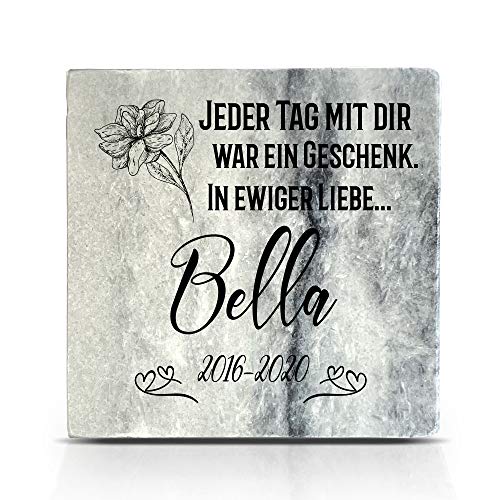 TULLUN Individueller Personalisiert Grau Natur Marmor Gedenkstein für Hund, Katze und andere Haustiere - Größe 10 x 10 cm - Blume von TULLUN