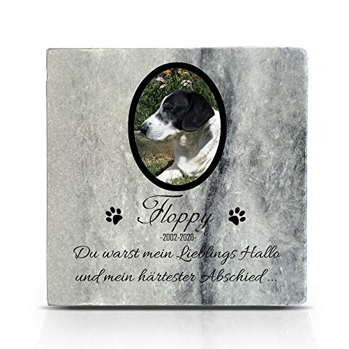 TULLUN Individueller Personalisiert Grau Natur Marmor Gedenkstein für Hund, Katze und andere Haustiere - Größe 10 x 10 cm - Foto und Name von TULLUN