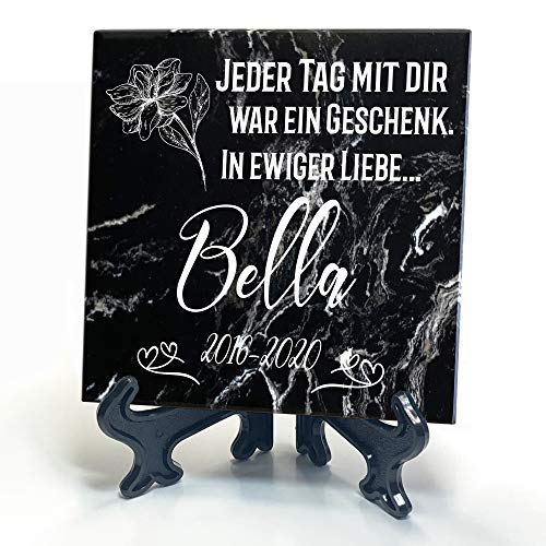 TULLUN Individueller Personalisiert Schwarz Natur Marmor Gedenkstein + Ständer für Hund, Katze und andere Haustiere - Größe 10 x 10 cm - Blumen von TULLUN