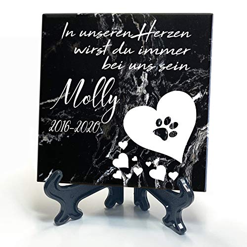 TULLUN Individueller Personalisiert Schwarz Natur Marmor Gedenkstein + Ständer für Hund, Katze und andere Haustiere - Größe 10 x 10 cm - Herz und Pfotenabdruck von TULLUN
