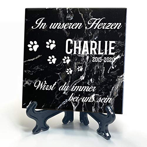 TULLUN Individueller Personalisiert Schwarz Natur Marmor Gedenkstein + Ständer für Hund, Katze und andere Haustiere - Größe 10 x 10 cm - Pfotenabdruck von TULLUN