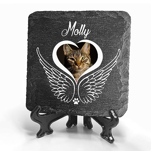 TULLUN Individueller Personalisiert Tiergrabstein Schiefer Gedenkstein + Ständer für Hund, Katze und andere Haustiere - Größe 10 x 10 cm - Engelsflügel von TULLUN