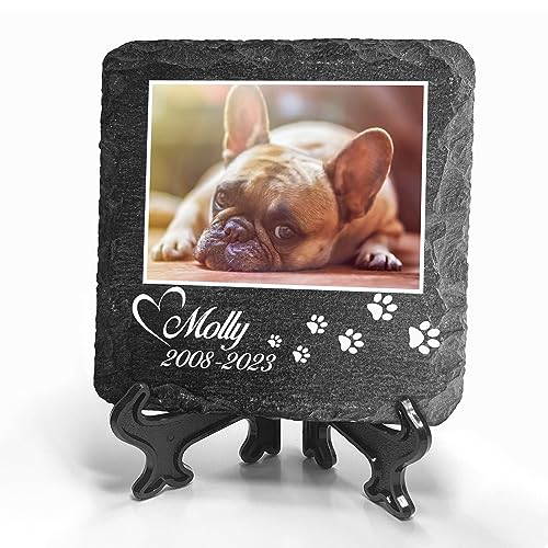 TULLUN Individueller Personalisiert Tiergrabstein Schiefer Gedenkstein + Ständer für Hund, Katze und andere Haustiere - Größe 10 x 10 cm - Foto und Pfotenabdruck von TULLUN