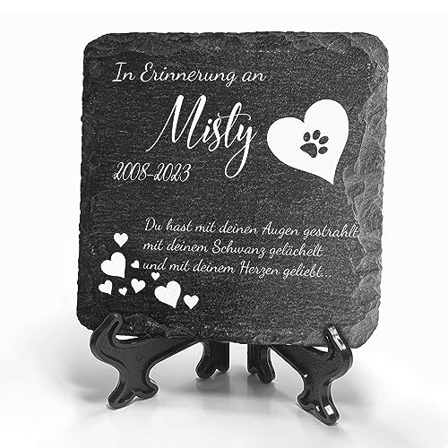 TULLUN Individueller Personalisiert Tiergrabstein Schiefer Gedenkstein + Ständer für Hund, Katze und andere Haustiere - Größe 10 x 10 cm - Gedicht von TULLUN