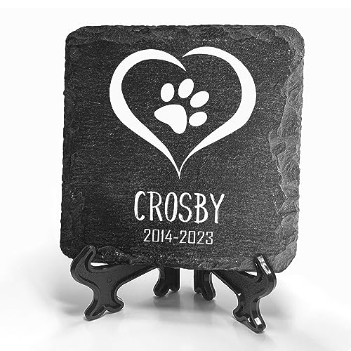 TULLUN Individueller Personalisiert Tiergrabstein Schiefer Gedenkstein + Ständer für Hund, Katze und andere Haustiere - Größe 10 x 10 cm - Herz von TULLUN