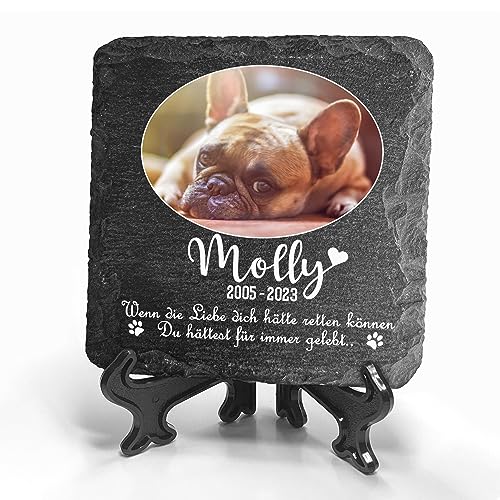 TULLUN Individueller Personalisiert Tiergrabstein Schiefer Gedenkstein + Ständer für Hund, Katze und andere Haustiere - Größe 10 x 10 cm - Ovales Foto von TULLUN