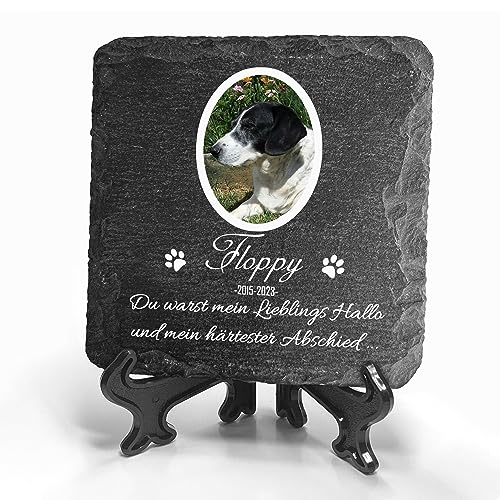 TULLUN Individueller Personalisiert Tiergrabstein Schiefer Gedenkstein + Ständer für Hund, Katze und andere Haustiere - Größe 10 x 10 cm - Weißer Rahmen Foto von TULLUN