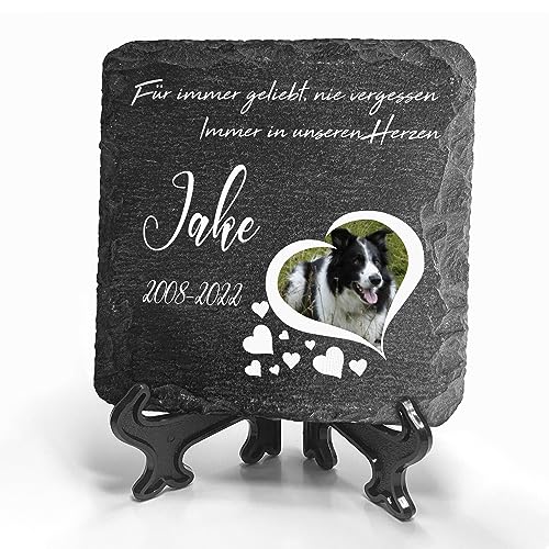 TULLUN Individueller Personalisiert Tiergrabstein Schiefer Gedenkstein + Ständer für Hund, Katze und andere Haustiere - Größe 10 x 10 cm - Weißer Rahmen Foto TULLUN Individueller Personalisiert Tiergrabstein Schiefer Gedenkstein + Ständer für Hund, Katze und andere Haustiere - Größe 10 x 10 cm - Weißer Rahmen Foto von TULLUN