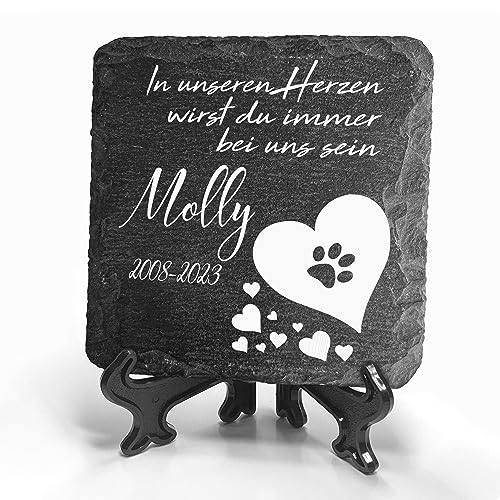 TULLUN Individueller Personalisiert Tiergrabstein Schiefer Gedenkstein + Ständer für Hund, Katze und andere Haustiere - Größe 10 x 10 cm - Weißes Herz von TULLUN