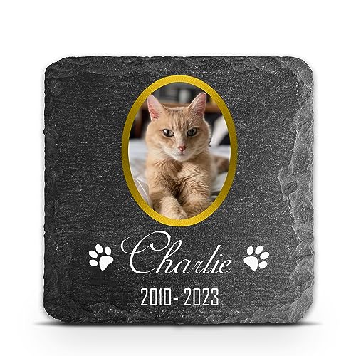 TULLUN Individueller Personalisiert Tiergrabstein Schiefer Gedenkstein für Hund, Katze und andere Haustiere - Größe 10 x 10 cm - Goldrahmenfoto von TULLUN