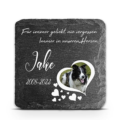TULLUN Individueller Personalisiert Tiergrabstein Schiefer Gedenkstein für Hund, Katze und andere Haustiere - Größe 10 x 10 cm - Herz Foto von TULLUN