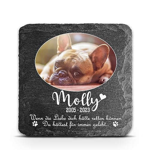 TULLUN Individueller Personalisiert Tiergrabstein Schiefer Gedenkstein für Hund, Katze und andere Haustiere - Größe 10 x 10 cm - Ovales Foto von TULLUN