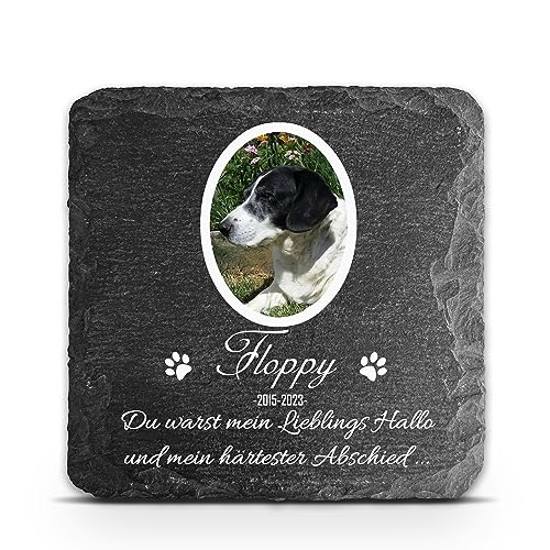 TULLUN Individueller Personalisiert Tiergrabstein Schiefer Gedenkstein für Hund, Katze und andere Haustiere - Größe 10 x 10 cm - Weißer Rahmen Foto von TULLUN