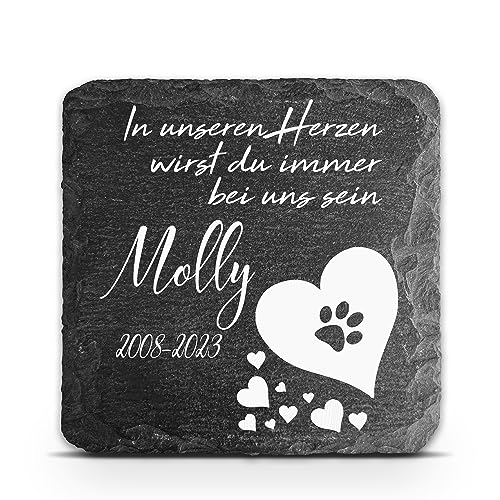 TULLUN Individueller Personalisiert Tiergrabstein Schiefer Gedenkstein für Hund, Katze und andere Haustiere - Größe 10 x 10 cm - Weißes Herz von TULLUN