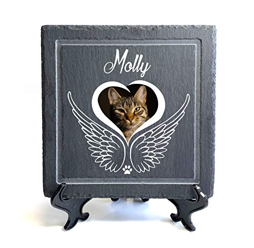 TULLUN Individueller Personalisiert Tiergrabstein Schiefer Gedenkstein für Hund, Katze und andere Haustiere - Größe 20 x 20 cm - Engelsflügel von TULLUN