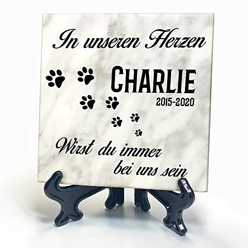 TULLUN Individueller Personalisierter Weißer Natur Marmor Gedenkstein + Ständer für Hunde, Katze und andere Haustiere - Größe 10 x 10 cm - Pfotenabdruck von TULLUN