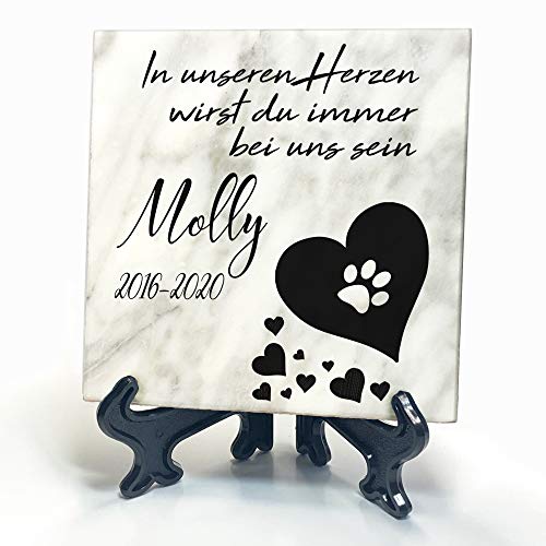 TULLUN Individueller Personalisierter Weißer Natur Marmor Gedenkstein + Ständer für Hunde, Katze und andere Haustiere - Größe 10 x 10 cm - Schwarzes Herz von TULLUN