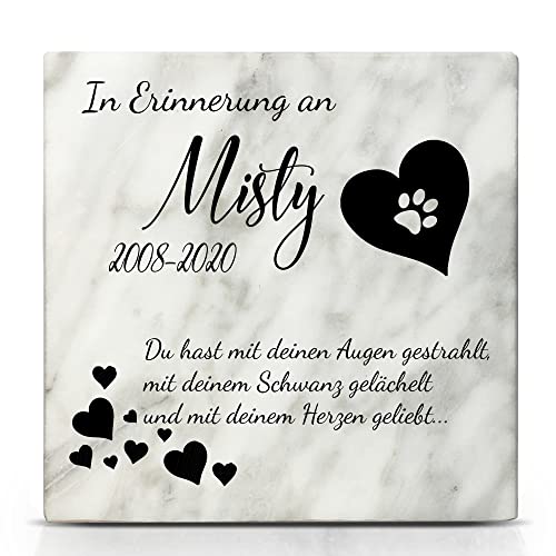 TULLUN Individueller Personalisierter Weißer Natur Marmor Gedenkstein für Hunde, Katze und andere Haustiere - Größe 10 x 10 cm - Gedicht von TULLUN