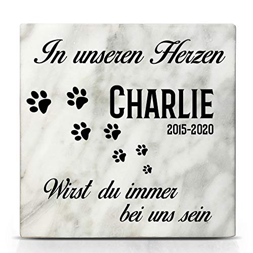 TULLUN Individueller Personalisierter Weißer Natur Marmor Gedenkstein für Hunde, Katze und andere Haustiere - Größe 10 x 10 cm - Pfotenabdruck von TULLUN