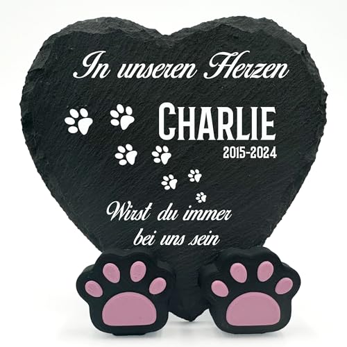 TULLUN Personalisierte Gedenktafel in Herzform Pfotenständer für Haustier Katze Hund Schiefer Stein Rahmen Pelziger Freund Grabstein | 10 x 10 cm| - Du hast Mein Leben verlassen von TULLUN