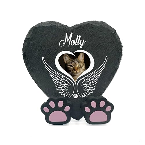 TULLUN Personalisierte Gedenktafel in Herzform Pfotenständer für Haustier Katze Hund Schiefer Stein Rahmen Pelziger Freund Grabstein | 10 x 10 cm| - Engelsflügel von TULLUN