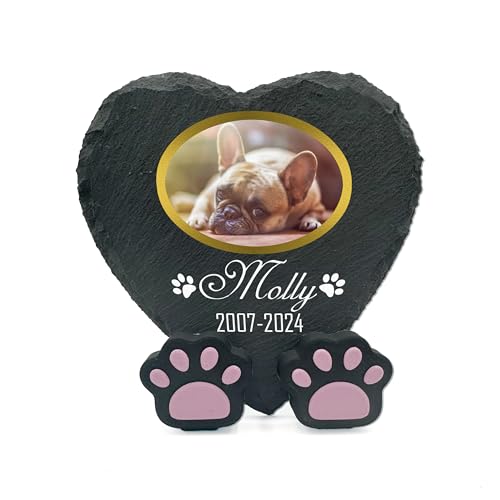 TULLUN Personalisierte Gedenktafel in Herzform Pfotenständer für Haustier Katze Hund Schiefer Stein Rahmen Pelziger Freund Grabstein | 10 x 10 cm| - Goldrahmenfoto von TULLUN