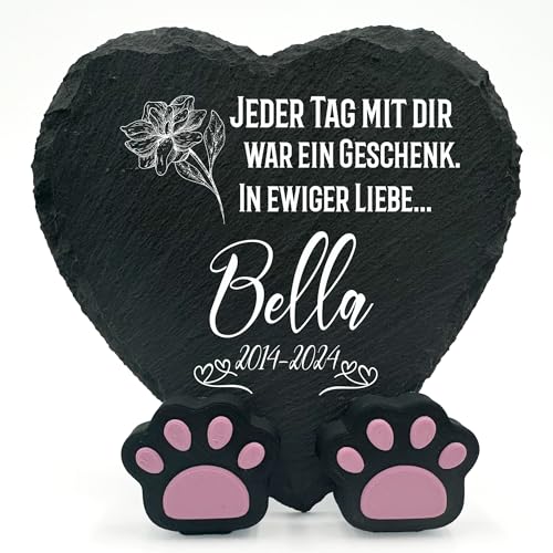 TULLUN Personalisierte Gedenktafel in Herzform Pfotenständer für Haustier Katze Hund Schiefer Stein Rahmen Pelziger Freund Grabstein | 10 x 10 cm| - In liebevoller Erinnerung von TULLUN