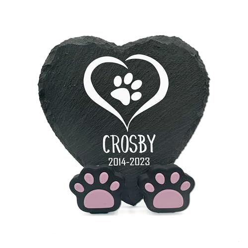 TULLUN Personalisierte Gedenktafel in Herzform Pfotenständer für Haustier Katze Hund Schiefer Stein Rahmen Pelziger Freund Grabstein | 10 x 10 cm| - Name von TULLUN