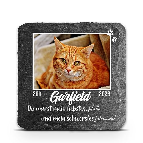 TULLUN Personalisierte dunkelgraue Gedenktafel für Haustier Katze Hund Schiefer Stein Grab Marker - Größe 10 x 10 cm - Großes Foto von TULLUN