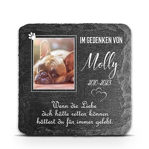 TULLUN Personalisierte dunkelgraue Gedenktafel für Haustier Katze Hund Schiefer Stein Grab Marker - Größe 10 x 10 cm - Weißer Rahmen Foto von TULLUN
