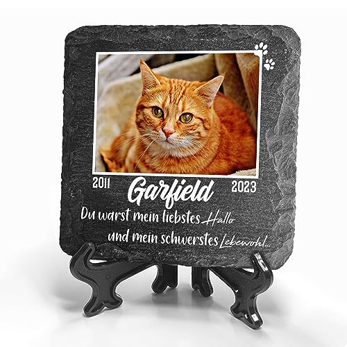 TULLUN Personalisierte dunkelgraue Gedenktafel mit Ständer für Haustier Katze Hund Schiefer Stein Grab Marker - Größe 10 x 10 cm - Großes Foto von TULLUN