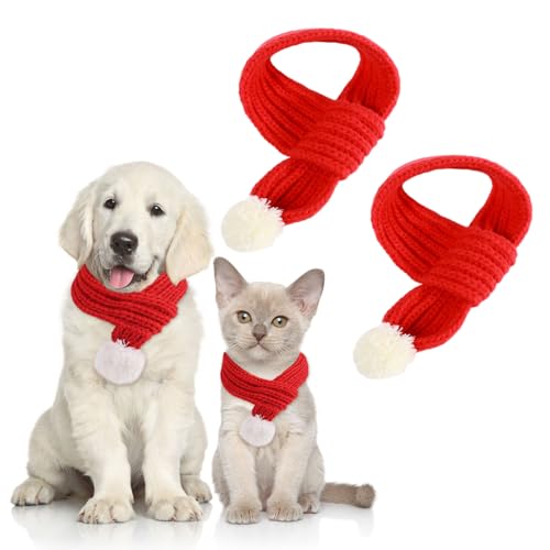 TUONYIS 2 Stück Weihnachtsschal für Katzen und Hunde, Gestrickter Weihnachtsmann-Schal, Hundeschal Halstuch mit Pompon für Weihnachtsdekoration Katzen Hunde und Heimdekoration (Groß) von TUONYIS