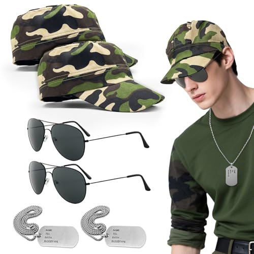 TUONYIS 6 Stücke Flieger Captain Kostüm Set, Armee Camouflage Kostüm Set, Armee Taktische Militärmütze, Camo Hüte, Männer Sonnenbrille, Erkennungsmarke für Cosplay, Halloween Party (Tarnung) von TUONYIS