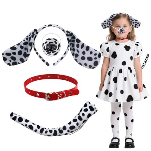 TUONYIS 4 Stück Dalmatiner Kostüm Set,Gefleckter Hund Kostüm Anzug,Gefleckte Hundeohren Haarband Nasenschwanz Rotes Pu Halsband,für Geburtstag Karneval Halloween Welttag des Buches(4 Stück) von TUONYIS