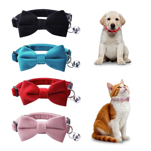 TUONYIS Samt-Katzenhalsband, Samt-Katzenhalsband mit Glöckchen-Fliege, verstellbares Katzenhalsband, Katzenfliege, Katzenhalsband mit Glöckchen, für Haustierparty, Hochzeit (Schwarz, Blau, Rosa, Rot) von TUONYIS