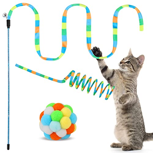Katzenspielzeug, 3er-Pack, Katzenspielzeug, flauschige Bälle mit Glocken und Katzenfedern, Regenbogenfarbe, interaktives Katzenspielzeug für Innenbereich, Katzen, Kätzchen (Regenbogengrün) von TUSATIY