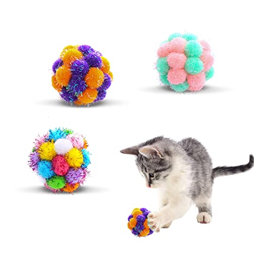 Katzenspielzeug-Bälle mit Glocken, 3 Stück, TUSATIY Farbe, Katzen-Pom-Bälle, Lametta, glitzernde Bälle, interaktives Spielzeug für Indoor-Katzen von TUSATIY
