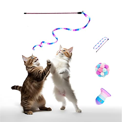 TUSATIY Katzenspielzeug, Regenbogen-Katzenstab, Schnur und Ball mit Glocke und Katzenminze, interaktives Kätzchenspielzeug für Indoor-Spielen (violetter Fisch) von TUSATIY